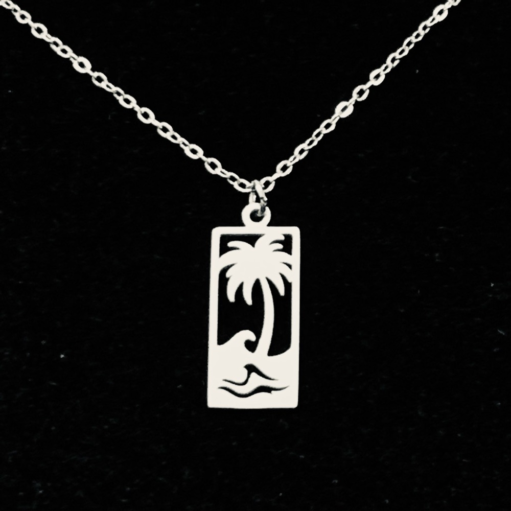 Tropical Palm Tree/Ocean Wave stainless steel necklace